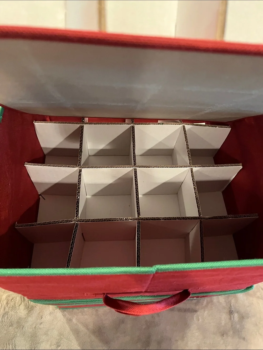 Festive Red Holiday Ornament Storage Bin with Green Trim